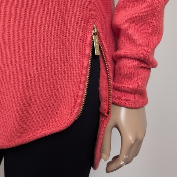 Michael Kors Tunic Sweater Shirttail Knit Gold Zipper Side Pullover Pumpkin Fall - Picture 5 of 12